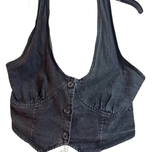 Black Denim Halter Vest Crop Top Button Front Y2K Style – Size XL - Picture 2 of 4
